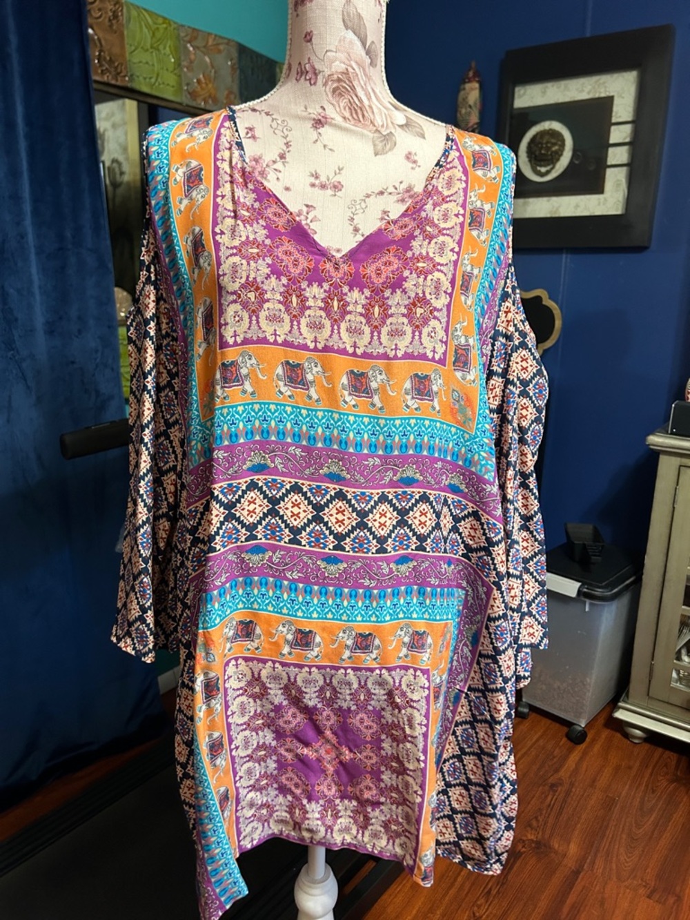 Tolani Vibrant Boho V-Neck Tunic in Purple, Orange and Turquoise